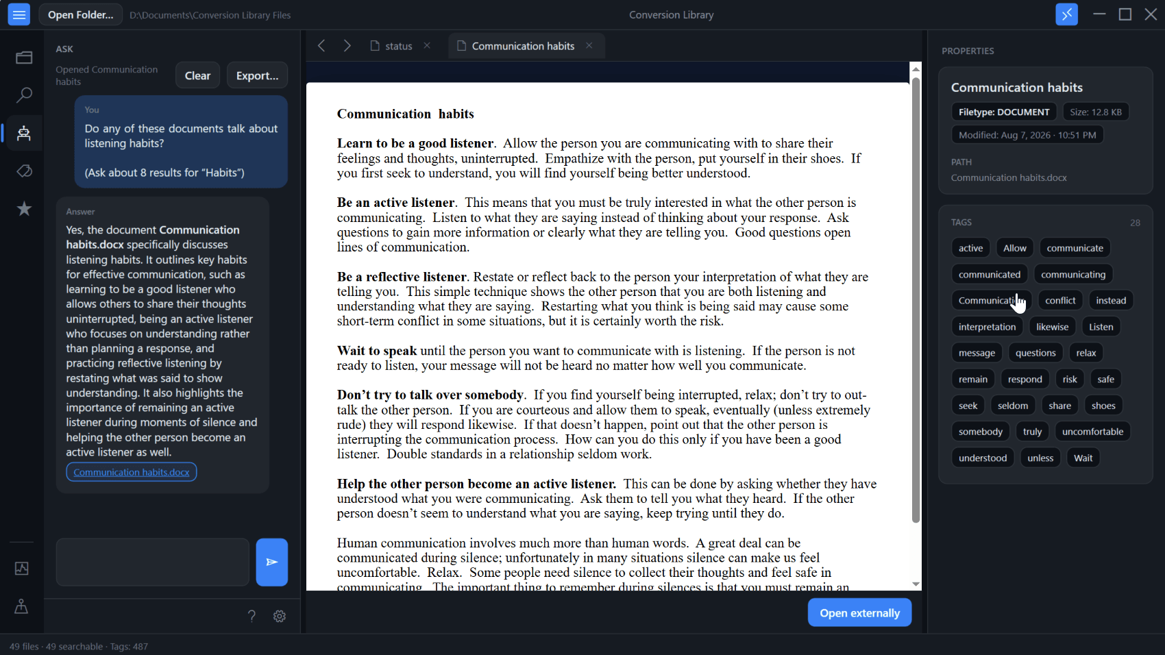 Conversion Library previsualizando un documento WordStar convertido con etiquetas Conversion Library previsualizando un documento WordStar convertido con etiquetas