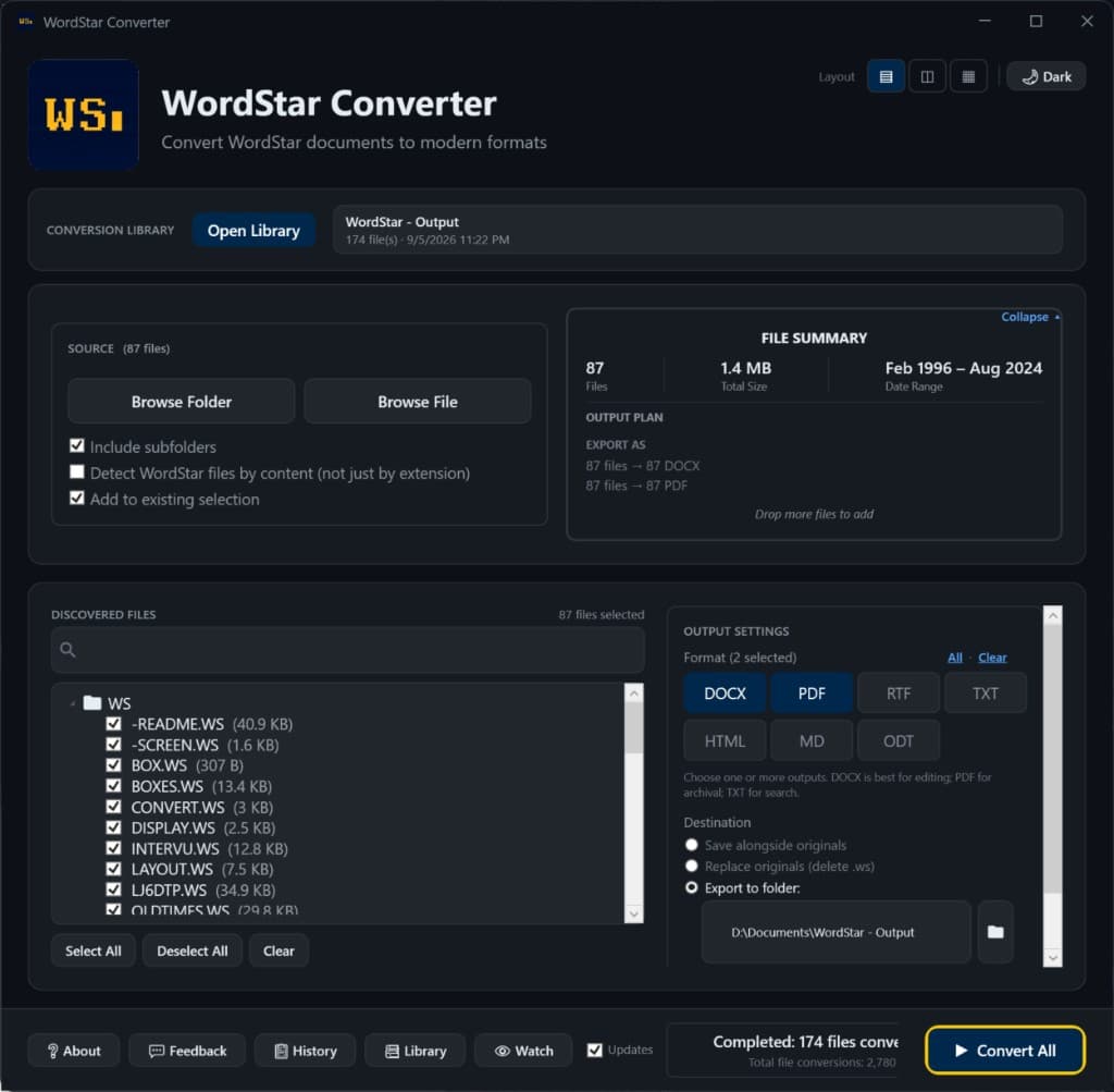 WordStar Converter-hovedvindue med WordStar-filer valgt til DOCX- og PDF-konvertering WordStar Converter-hovedvindue med WordStar-filer valgt til DOCX- og PDF-konvertering